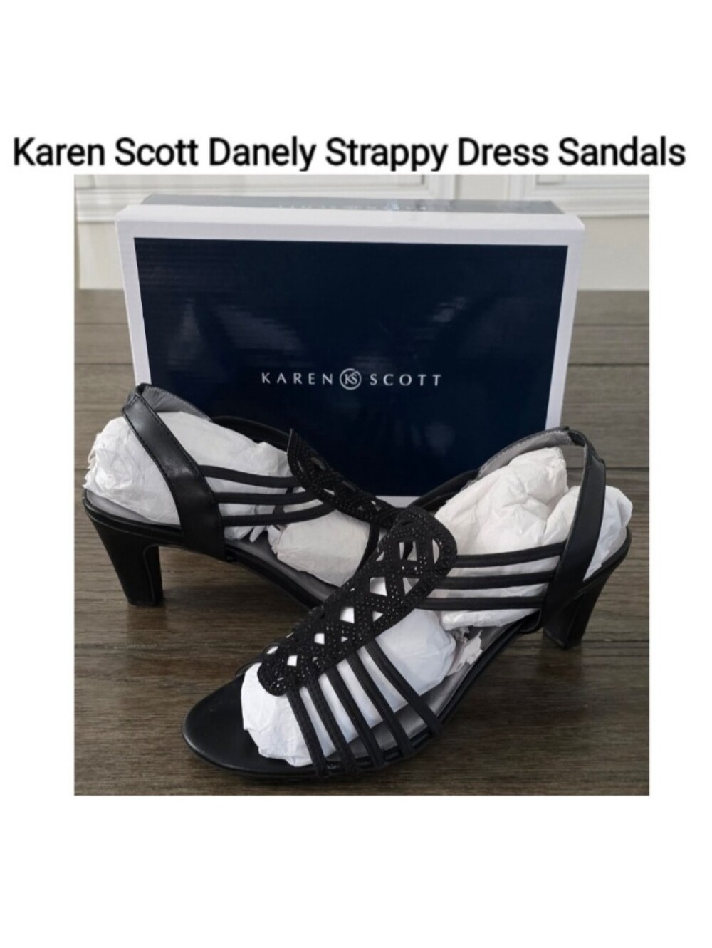 Karen Scott Black Strappy Heeled Sandals with Decorative Centerpiece, Size 10M